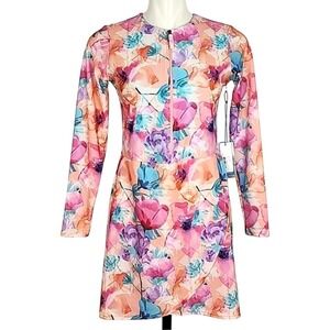 NWT Kyodan Women's Pink Watercolor Floral Rash Guard Swim Dress Medium